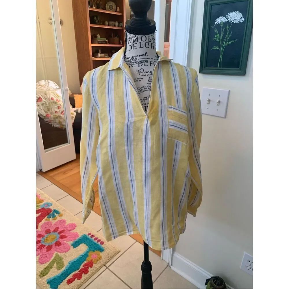 J JILL Love Linen Yellow Stripe V Neck Collared Long Sleeve Popover Shirt